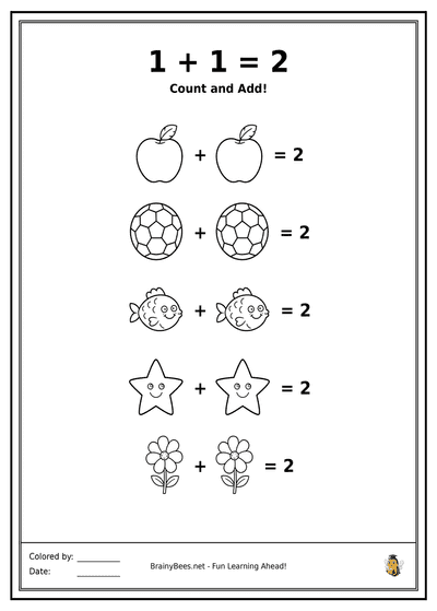First Addition 1 + 1 = 2 Coloring Page