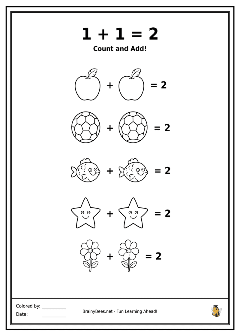 First Addition 1 + 1 = 2 Coloring Page